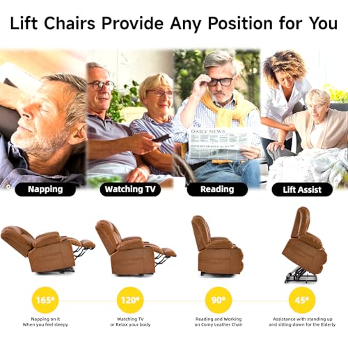 Large Power Lift Chairs Recliners for Elderly with Heated and Massage, Overstuffed Adjustable Lift Chairs, 3 Positions, Breathable Leather, USB-A and USB-C, Cup Holder, Side Pocket Dark Brown