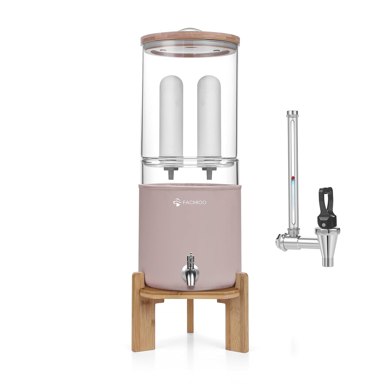 All Glass Gravity-fed Water Filter System, 2.25-Gallon All Glass Water Purifier with 2 Ceramic Filter, 1 Sight Glass Spigot, 1 Wooden Support, 1 Protective Sleeve, Reduces 99% Chlorine