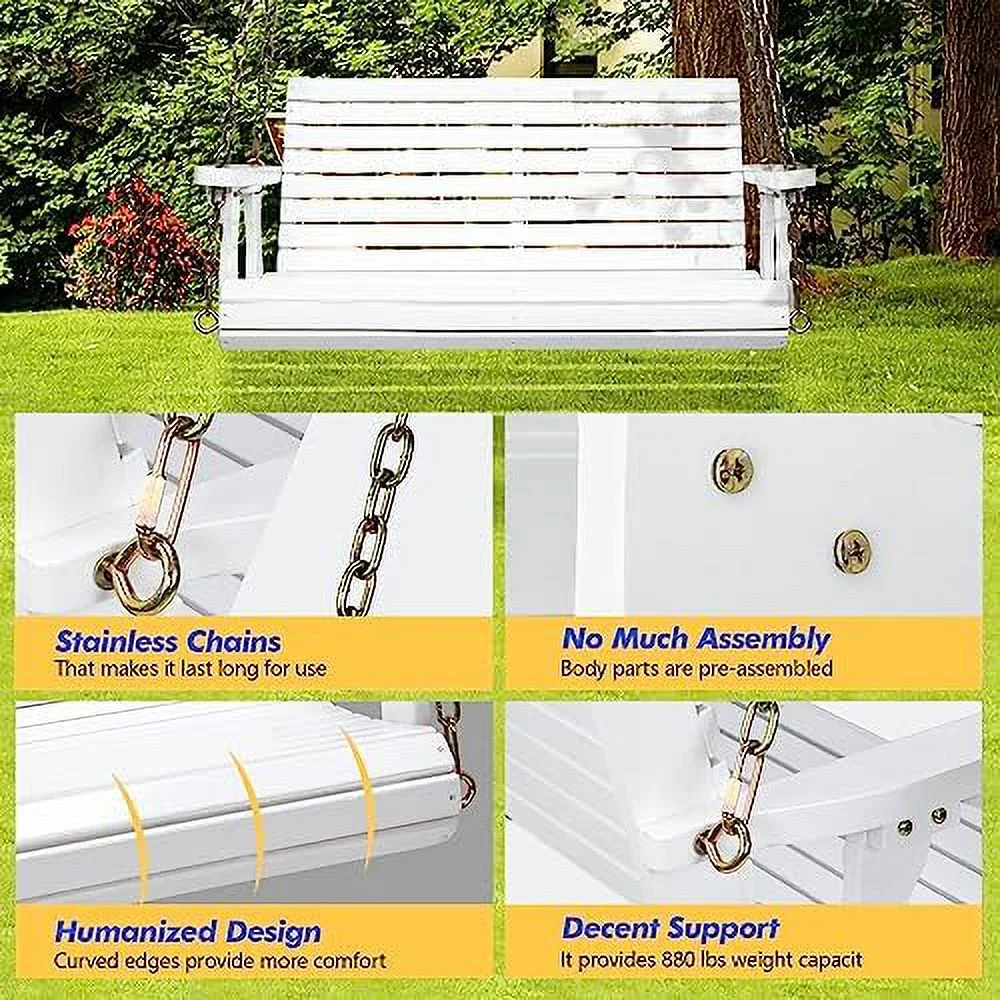 HJNIUNIU Upgraded Patio Wooden Porch Swing for Courtyard &amp; Garden  Heavy Duty 880 LBS Swing Chair Bench with Hanging Chains for Outdoors (5 FT  White)