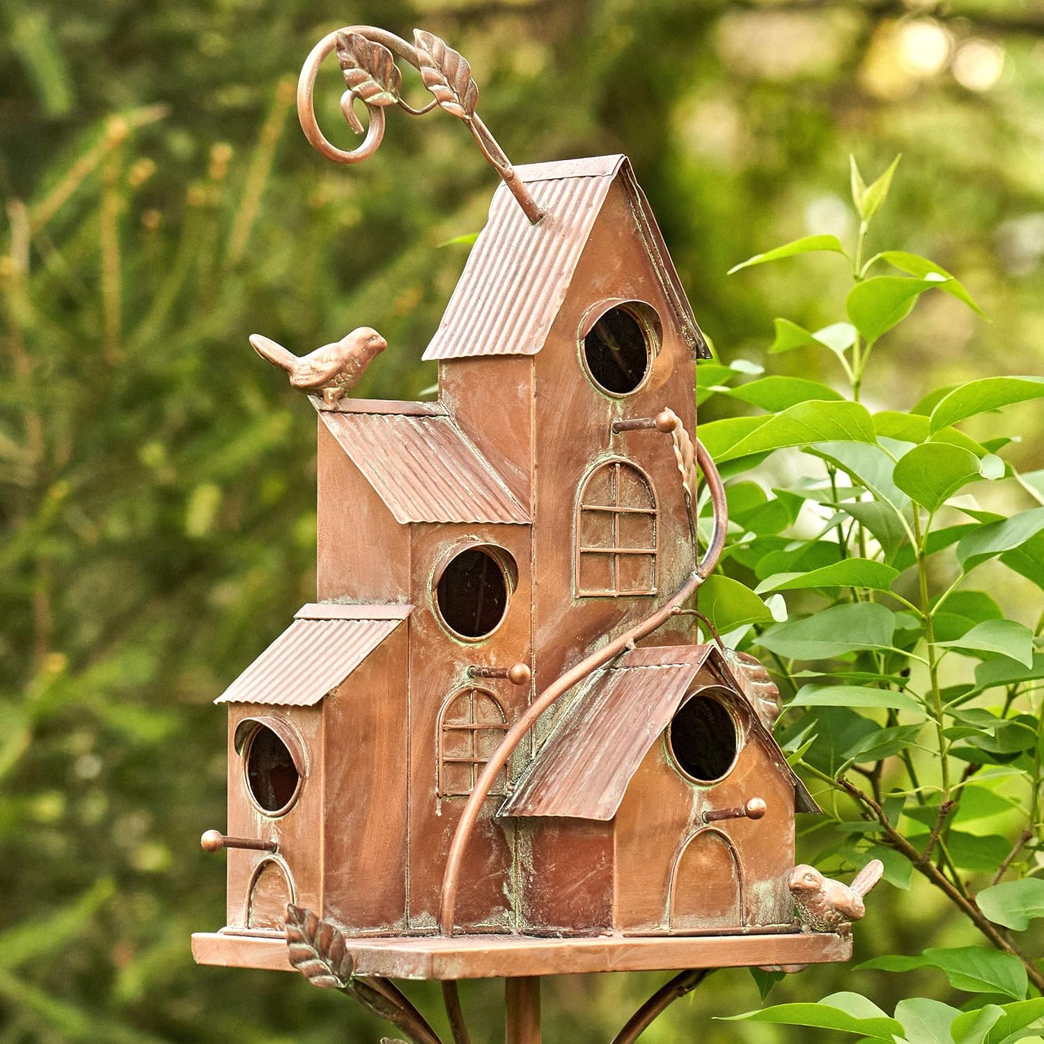 Zaer Ltd. Large Copper Colored Multi-Birdhouse Stakes, Room for 4 Bird Families in Each (Castle Home)