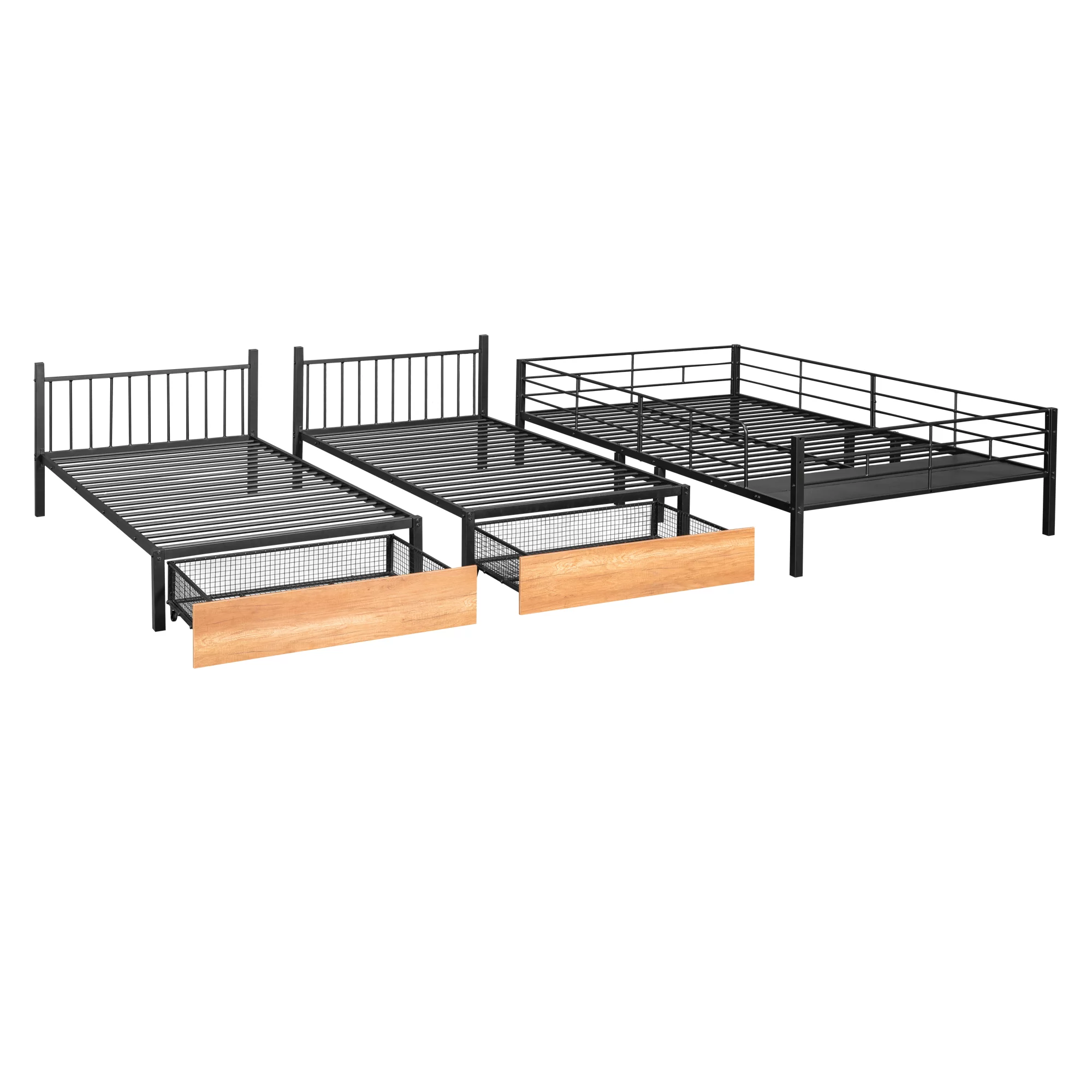 Metal Triple Bunk Beds, BTMWAY Triple Full Bunk Bed for Kids Teens Adults, Full Over Twin Over Twin Bunk Bed with Drawers and Guardrails, Can be Separated into 3 Beds with Headboard, Black