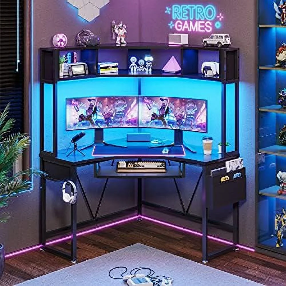 HOOMHIBIU Corner Desk  Small Computer Desk with Hutch &amp; LED Lights  Triangle Corner Computer Desk with Keyboard Tray   Bag  and Headphone Hook for Small Space  Small Office Desk  Rust