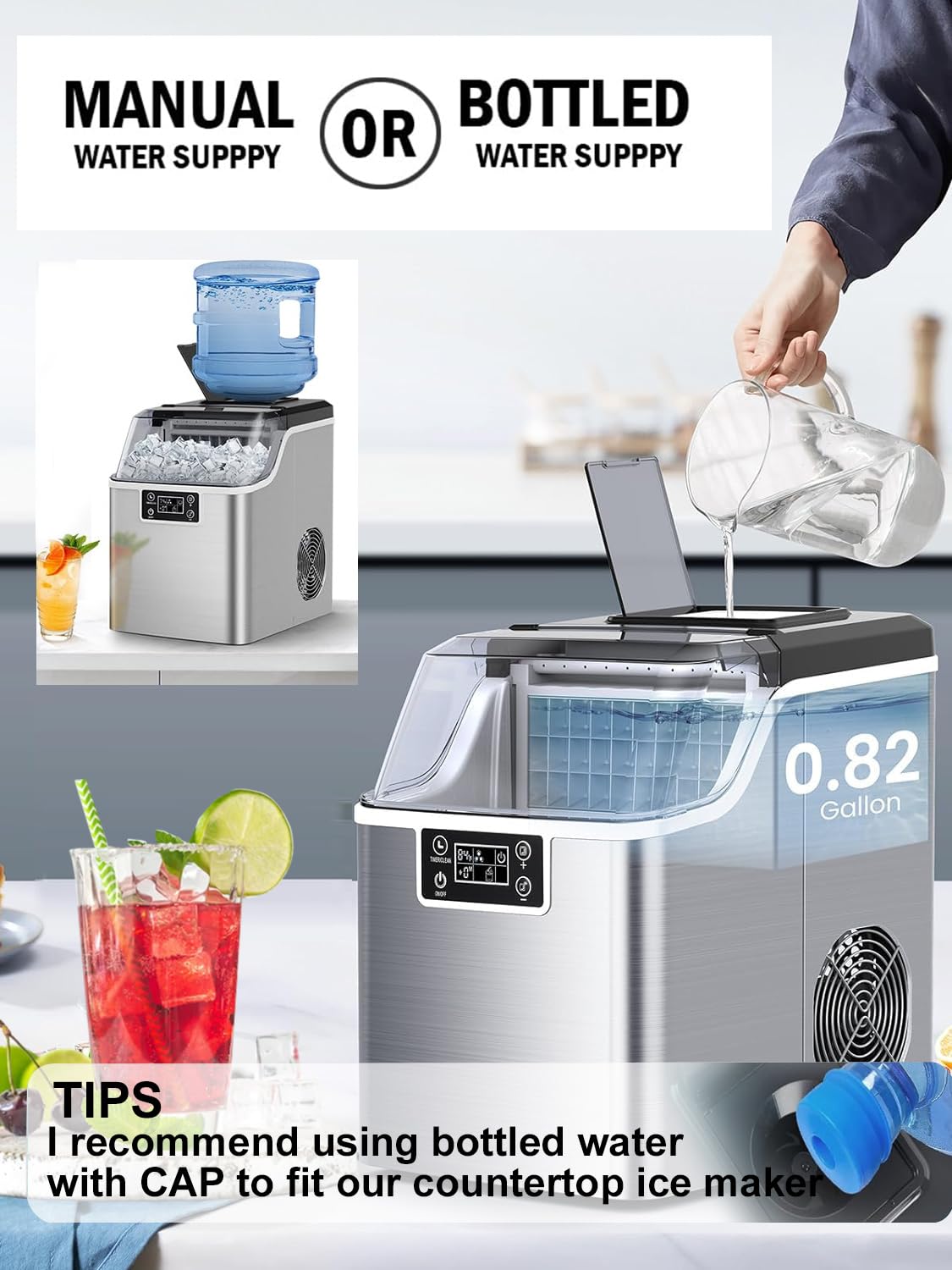 Kndko Ice Makers Countertop, 45Lbs/Day, 2 Ways to Add Water, Countertop Ice Maker, 24 Pcs Ready in 13 Mins, Self Cleaning Ice Maker, 24H Timer, Perfect for Home Bar RV, Stainless Steel Ice Maker