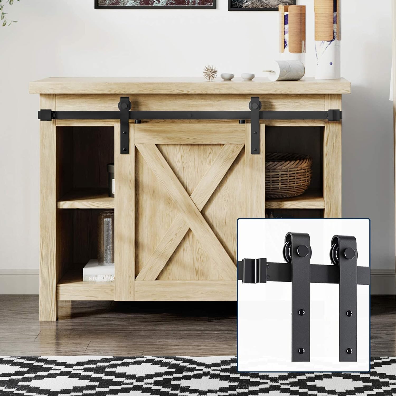 EaseLife 5 FT Cabinet Mini Sliding Double Barn Door Hardware Track Kit,Easy Install,Slide Smoothly Quietly,Apply for Storage Window TV Stand and Other Shielding (No Cabinet)
