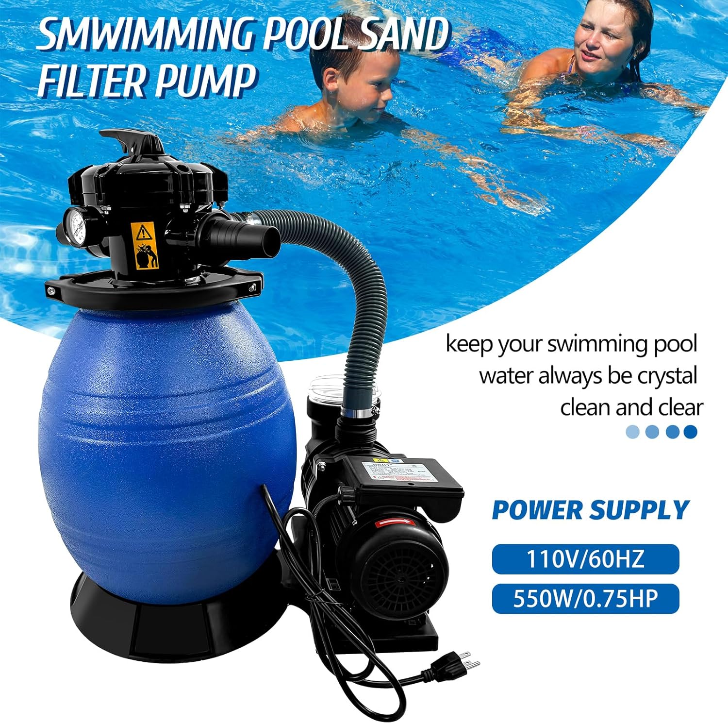 13 Inch Pool Sand Filter 6 Way Valve High-Flo Sand Filter Pump System w/ 3/4HP Pool Pump for Above Ground and Inground Pools with Multi Port Valve