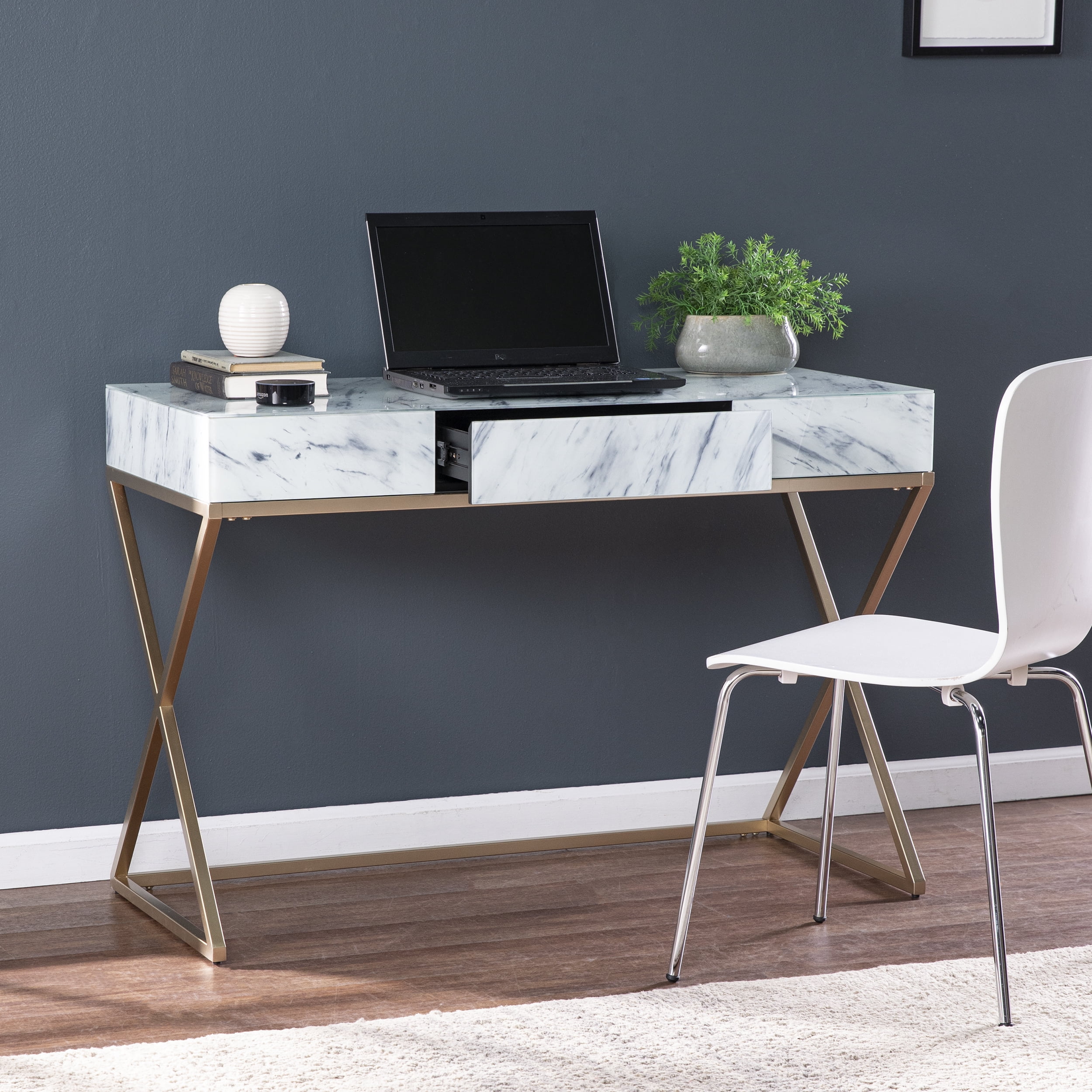 SEI Kamula Glam style Faux Marble Writing Desk with Storage in Gold finish with Gray and White faux marble