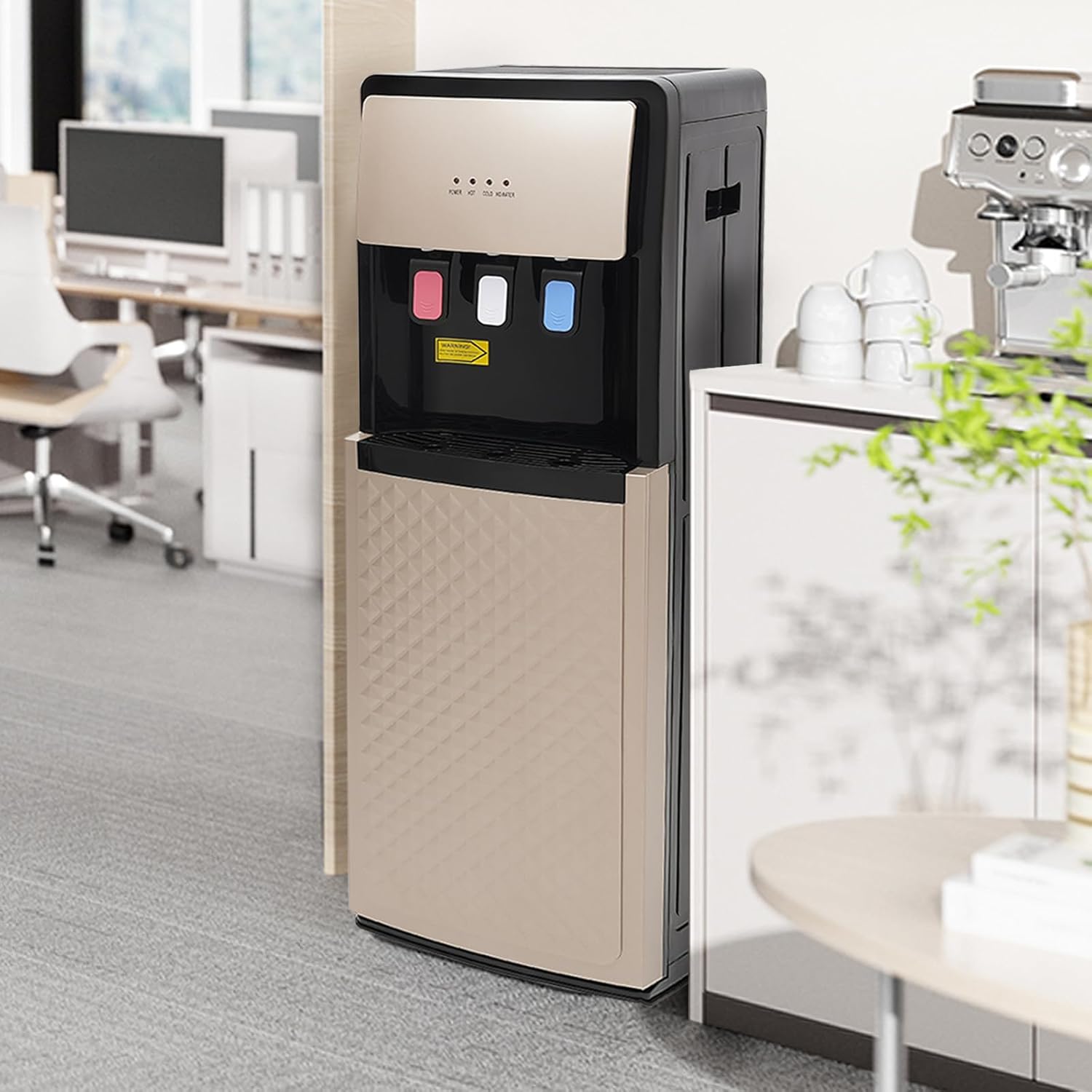 Bottom Loading Water Dispenser Hot and Cold Standing Water Cooler Holds 2 & 5 Gallon Bottles 3 Temperature Spouts for Home Office Champaign Gold