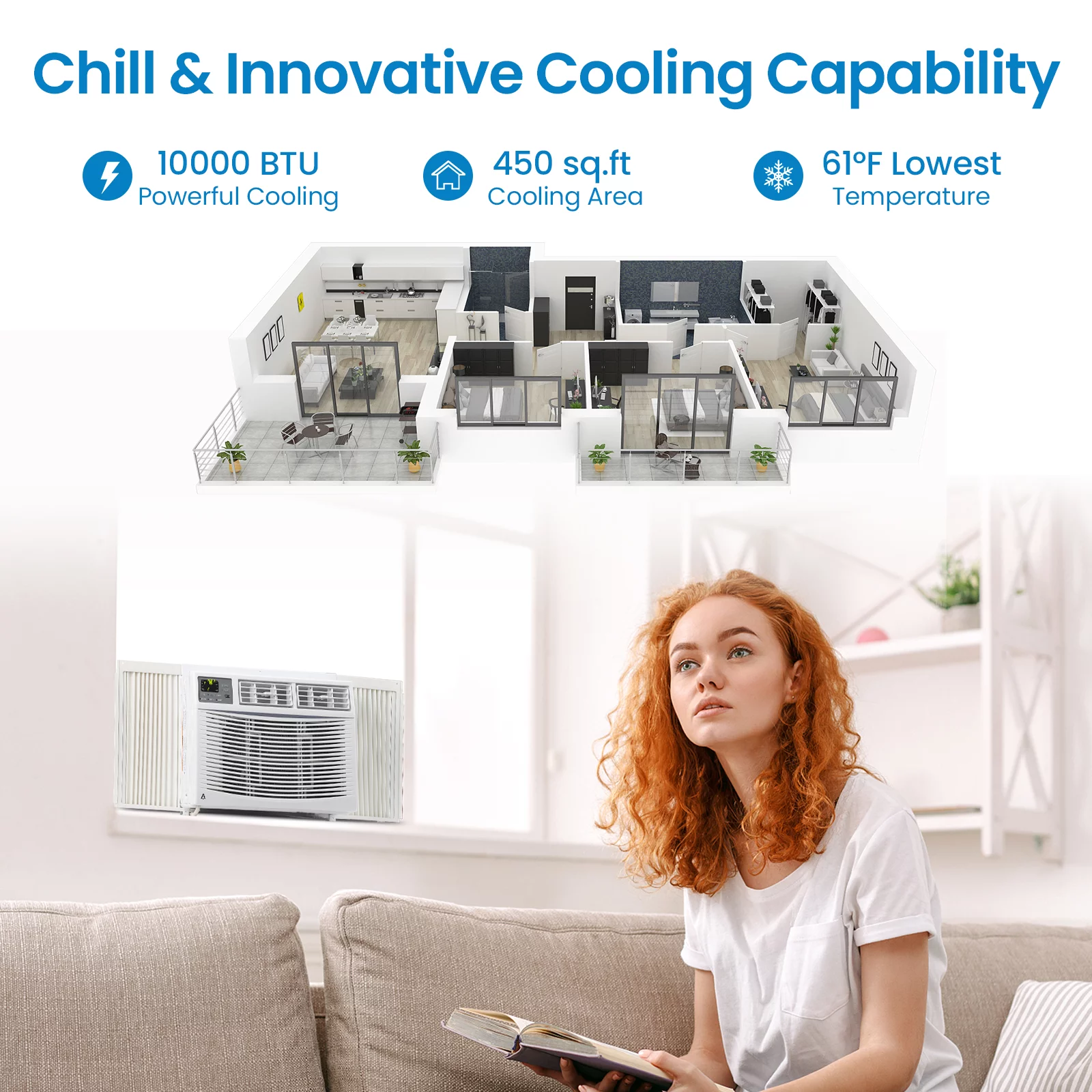 Window-Mounted Room Air Conditioner, 8,000 BTU, Cools 350 Sq.ft, Quiet Operation, Window AC Unit with Remote/App Control and Dehumidification Function