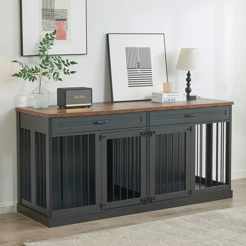 Large Dog Crate Furniture, 70.9”Double Dog Kennel Furniture with 2 Drawers and Removable Divider, XXL Heavy Duty Wood Dog Crate Table for 2 Dogs Indoor (Black) - Curated Treasures Market