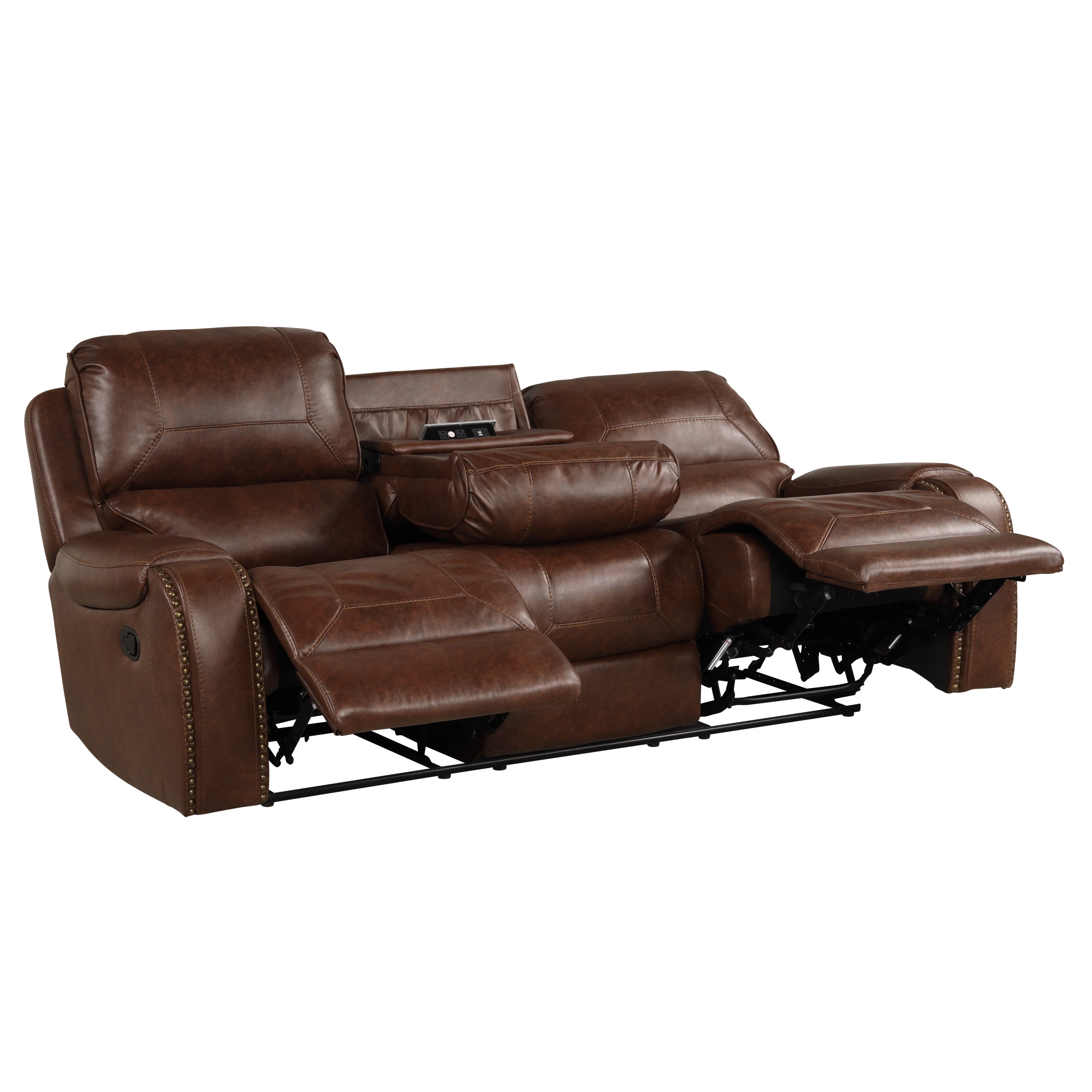 Roundhill Furniture Achern Brown Leather-Air Nailhead Manual Reclining 3-Piece Sofa Set