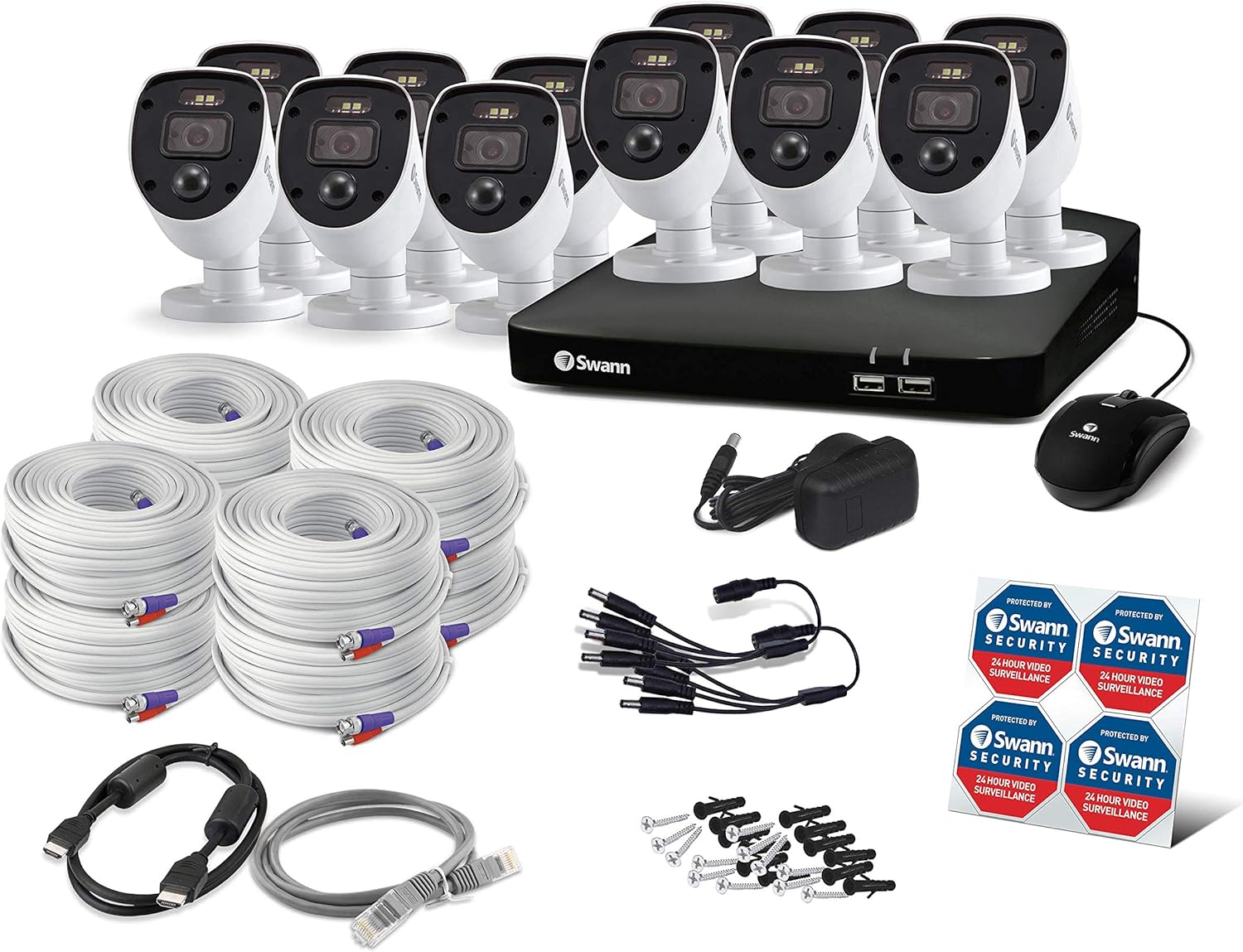 Swann Home Security Camera System 16 Channel 12 Cameras DVR CCTV, Wired Surveillance 1080p Full HD + 1TB HDD, Color Night Vision, Heat & Motion Sensing, Alexa + Google, SWDVK-16468012SL-US