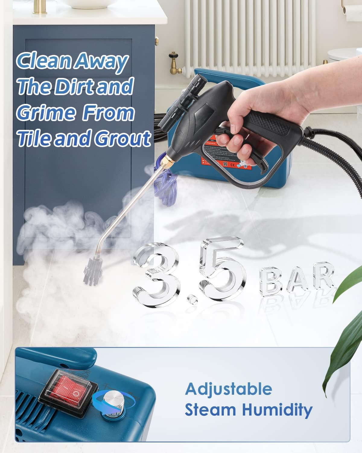 Hapyvergo High Pressure Steam Cleaner, 1700W Handheld High Temp Portable Cleaning Machine, Tankless for Home Use Grout Tile Car Detailing Kitchen Bathroom (Blue)