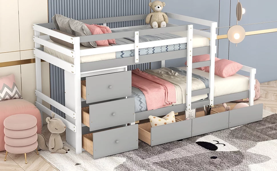Euroco Twin over Twin Bunk Bed with Six Drawers for Kids Room, Gray