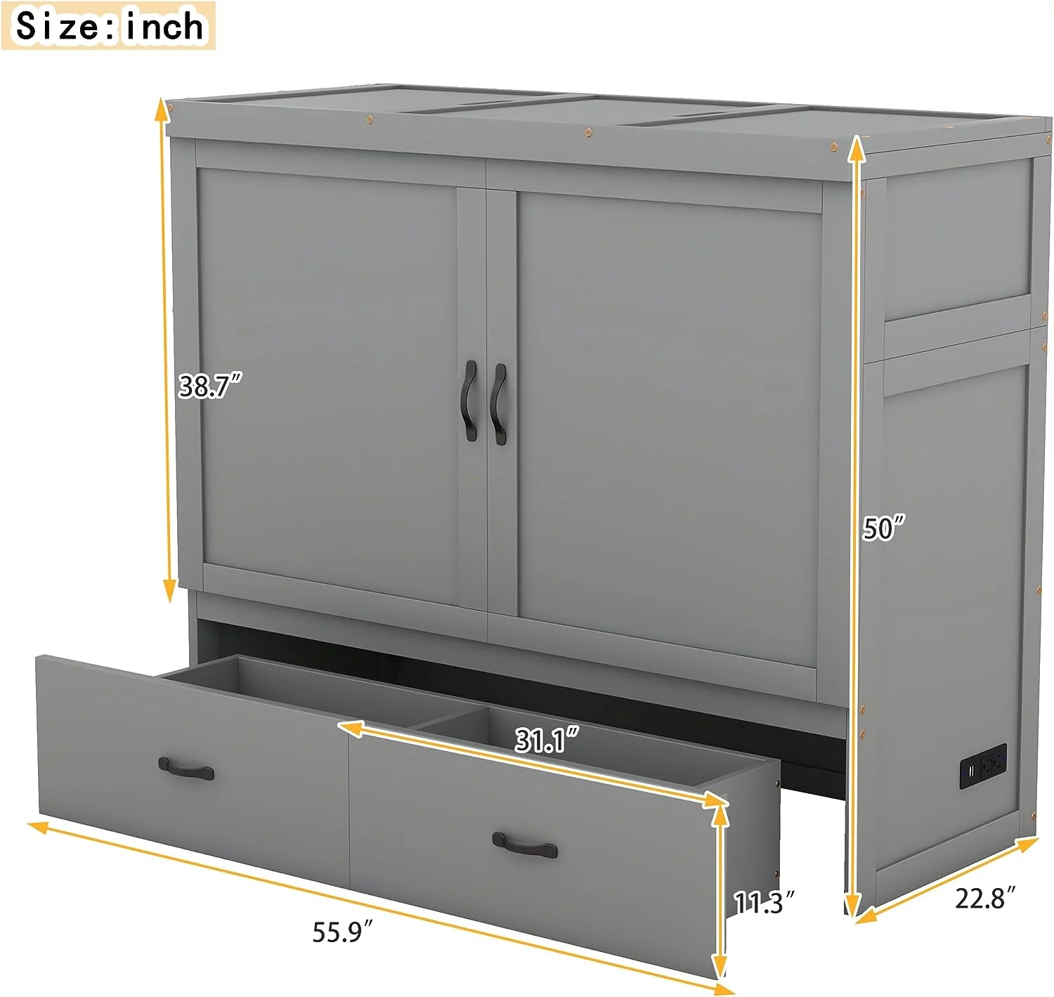Tabaray Modern Murphy Bed with Movable Desk, Solid Wood Queen Size Foldable Platform Bed with 2 Storage for Teens Adults Bedroom, Maximize Space Savings (Gray)
