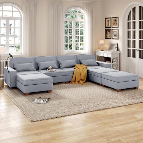 Modular Sectional Sofa, Convertible U Shaped Sofa Couch with Central Console & USB Ports, 7 Seat Modular Sectionals Couch with Chaise and Storage for Living Room, Light Grey