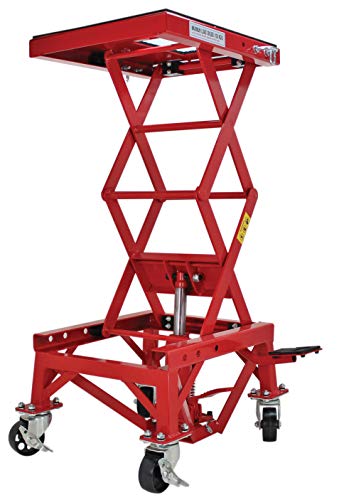 Extreme Max 5001.5083 Ultra-Stabile Hydraulic Motorcycle Lift Table with Foot Pad Lift Function - Raises Bikes from 13.25" to 34", 300 lbs. Weight Capacity, Red