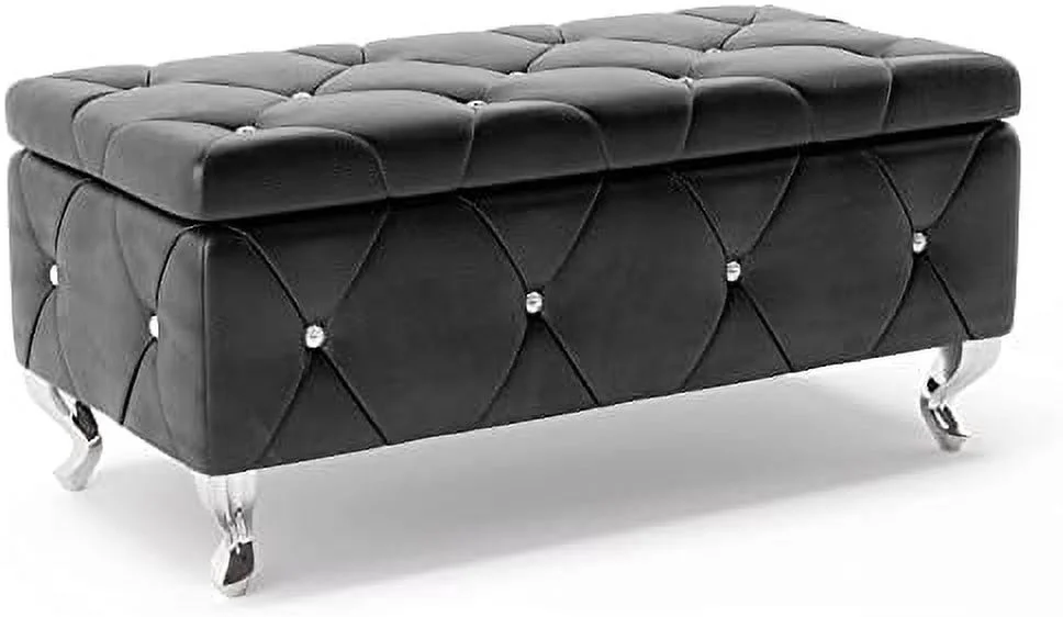 HOOMHIBIU Ottoman Bench  38'' Upholstered White Faux Leather Ottoman with Crystal Tufted Button  Flip Top Foot   End of Bed Bench Seat for Bedroom  Living Room  Vanity  350LBS