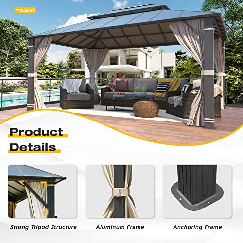 YOLENY 10' x 12' Hardtop Gazebo, Wood-Looking Gazebo with Galvanized Steel Double Roof, Aluminum Frame, Permanent Metal Pavilion with Netting and Curtains for Deck, Backyard, Patio and Lawns