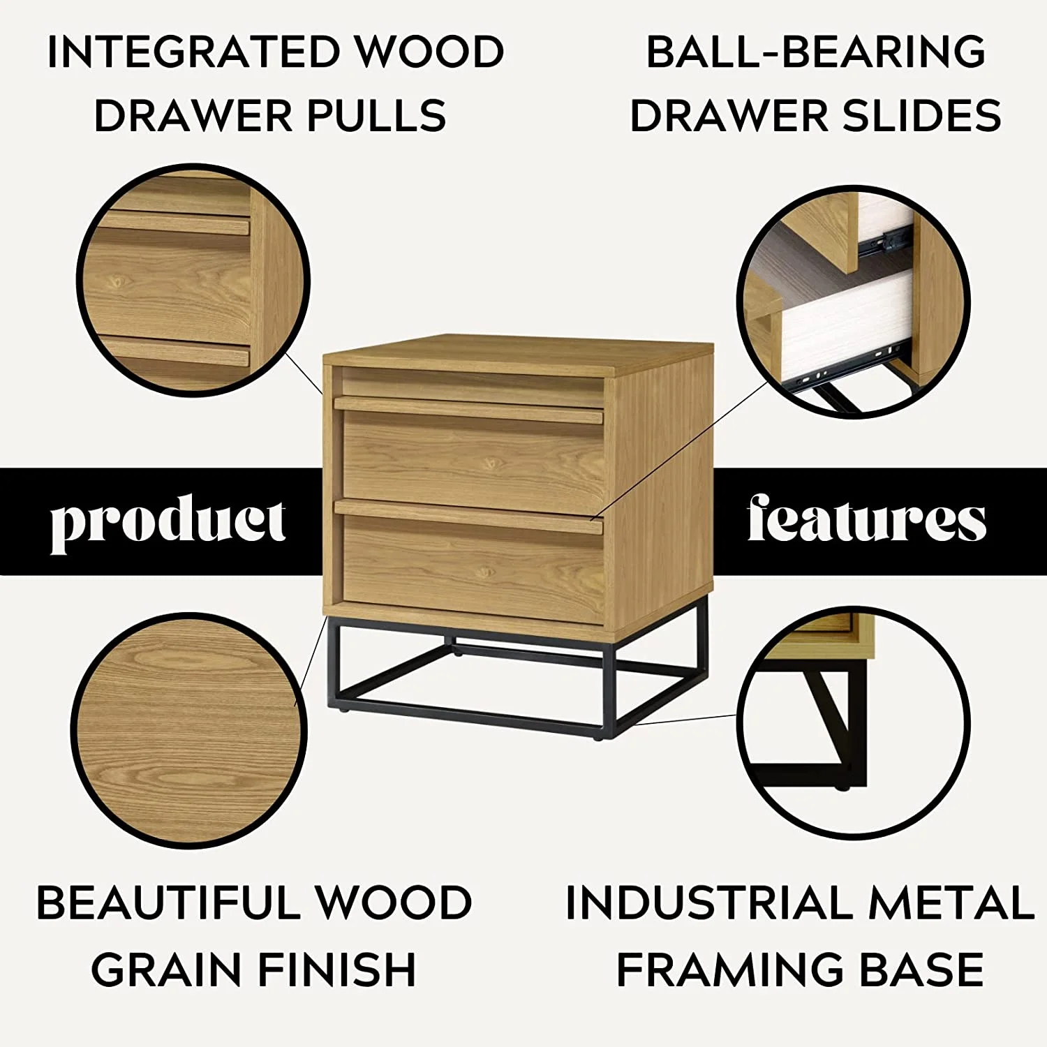 Cyra Natural Oak Nightstand - Fully Assembled Solid Wood Night Stand With Two Drawers, Black Metal Base - Ideal Wooden Nightstand For Bedroom