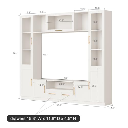 Entertainment Wall Unit, 4-Piece Large TV Stand Wall Unit Entertainment Center with Bookshelves & Storage, Wall Media Center with Shelves for TVs Up to 70", Media Console for Living Room, White