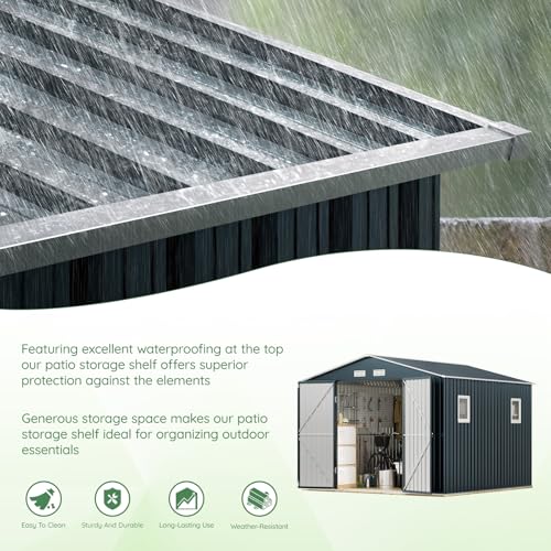 10X12X7.5 FT Outdoor Steel Storage Shed with Lockable Doors, 2 Windows, Transparent Roof Panels (Wood Panels & Frame Floor Not Included), Ideal for Patio Storage,Garbage Can, Chicken Coop，Brown