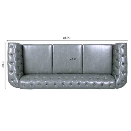 Couch, 3 Seater Sofa, Comfy PU Rolled Arm Chesterfield Couch, 84.65" Mid Century Modern Couches with Silver Studs Trim and Wooden Legs for Living Room Bed Room Apartment, Orange