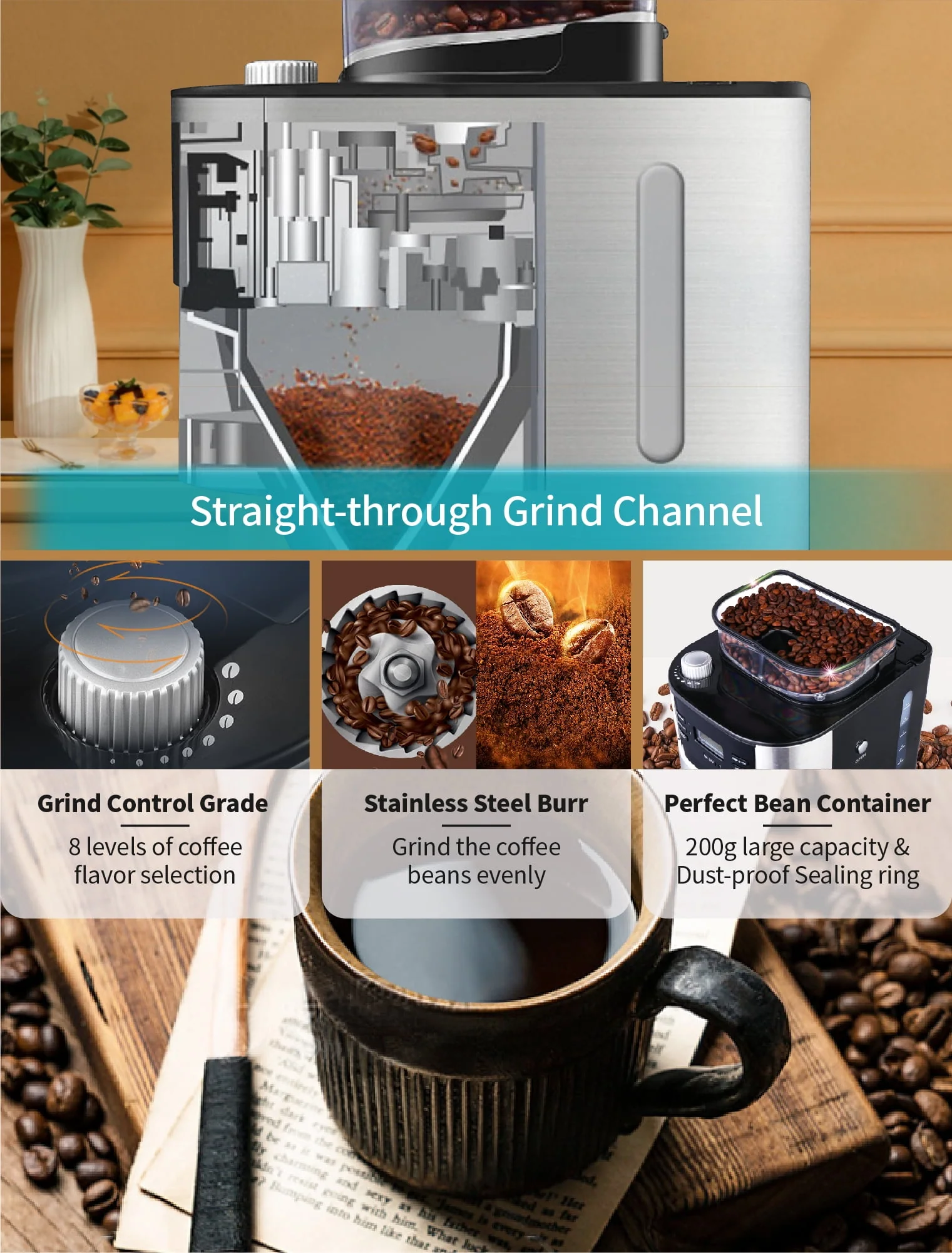 GEVI 10-Cup Programmable Grind and Brew Coffee Maker, Drip Coffee Make, Automatic Coffee Machine with Built-In Burr Coffee Grinder