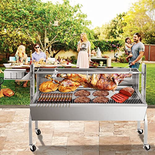 Rotisserie Grill Kit Stainless Steel Tripod Rotisserie Stand, 52inch Pig Lamb Hooded Roaster Charcoal Spit with Motor & Adjustable Height Lockable Casters for Outdoor Camping Party