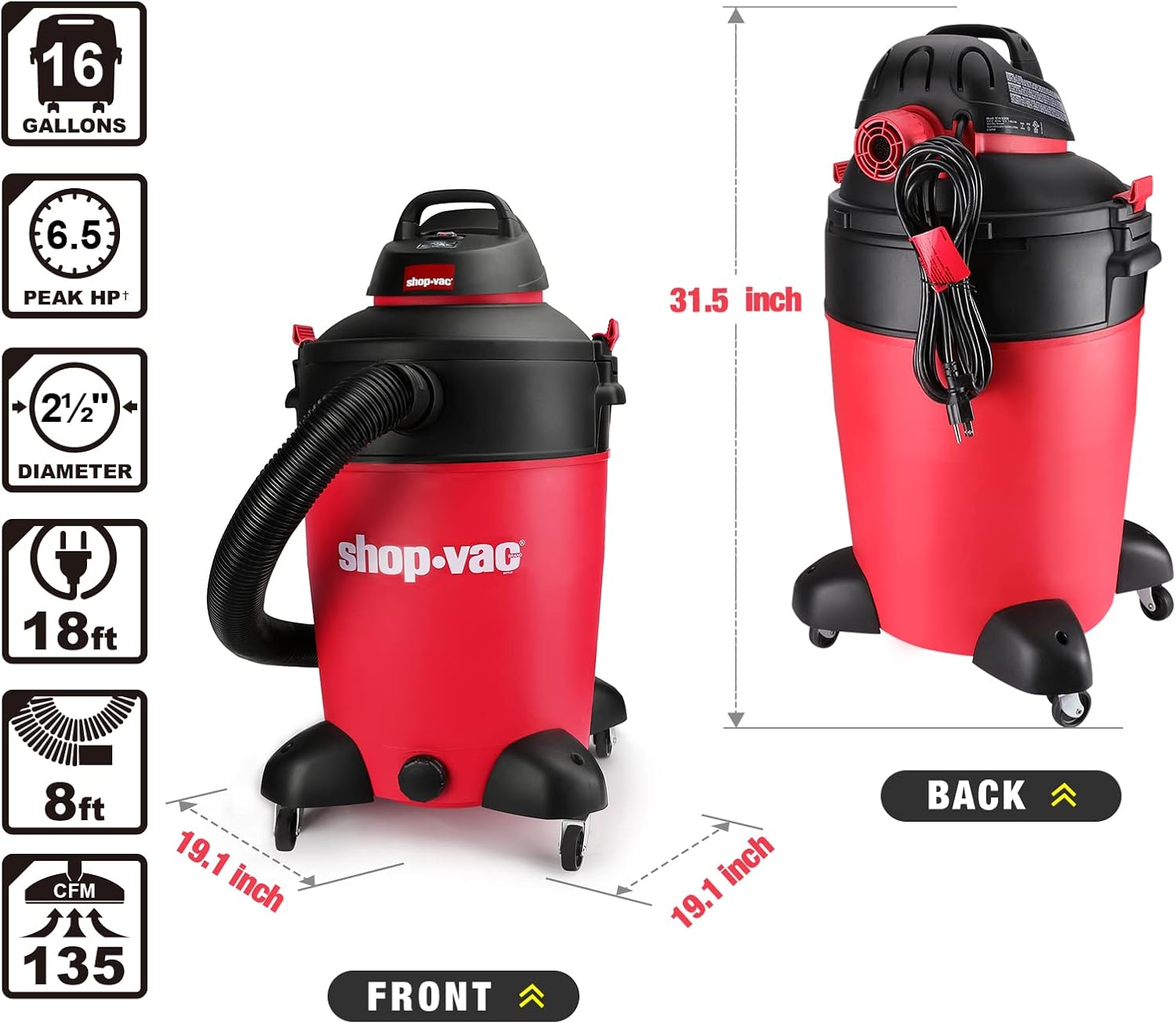 Shop-Vac 16 Gallon 6.5 Peak HP Wet/Dry Vacuum and Nozzle with LED Light
