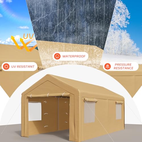 SUNCROWN Outdoor Carport, 10x20 FT Heavy Duty Portable Garage with 4 Roll-up Ventilated Windows, Removable Sidewalls and Doors, Car Canopy with All Weather Tarp for SUV, Boat, Party, Brown