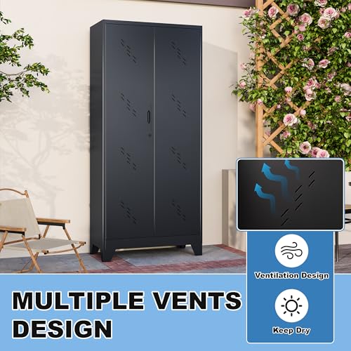 Broom Closet Storage Cabinet, 71" Metal Garage Cabinets with Lock & Hanging Rods, Utility Closet for Brooms and Mops, Cleaning Tool Cabinet for Home Office, Laundry Room