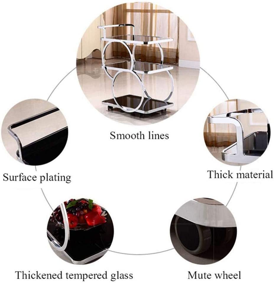 Bar Cart - Rolling Kitchen Carts for Home Hotel, Drinks Trolley Delivery Car Tempered Glass Wine Cart Mobile Dining Car Ring Design Stainless Steel(Stainless Steel)