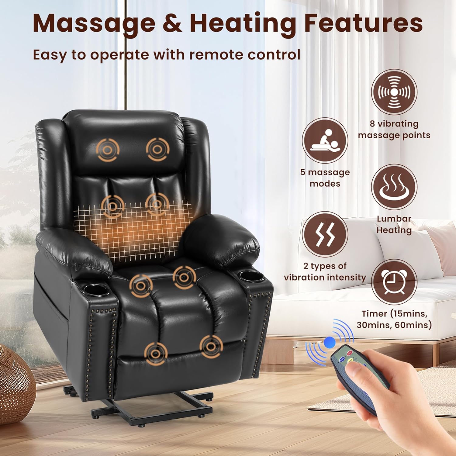 Dual Motor Power Lift Chair Recliner for Elderly with Heat and Massage, Infinite Position Lay Flat Lift Chairs Recliners for Seniors, USB Ports, Cup Holder, Black