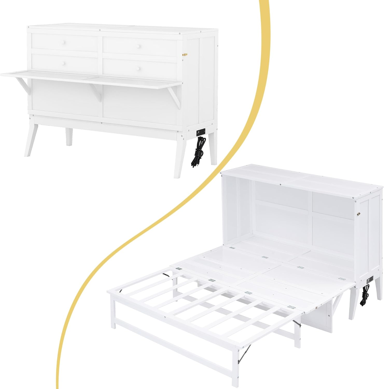 Queen Murphy Bed Chest with Charging Station, Wood Murphy Cube Cabinet Bed with a Shelf/Desk for Guest Room or Home Office, White