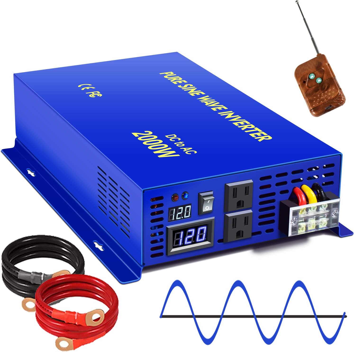 XYZ INVT 2500W Pure Sine Wave Inverter 24v to 110V 120V AC with Wireless Remote Switch, 5000 watt Surge, Power Inverter for Truck, RV Car Camping, Solar System, Grid Off.