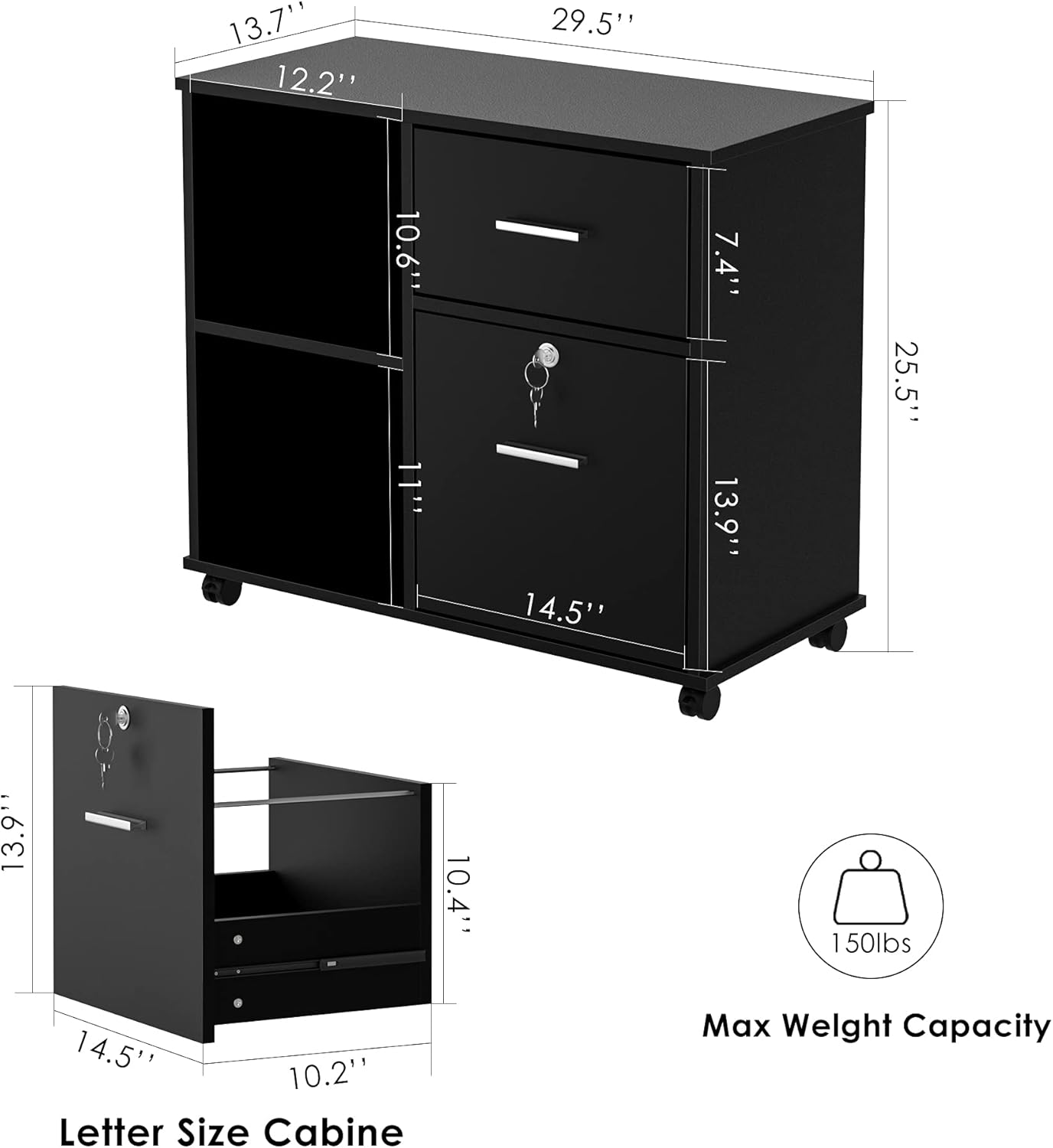 Lateral File Cabinet with Drawers and Lock, Wood Filing Cabinet, Rolling Printer Stand with Shelves for Home Office, Black
