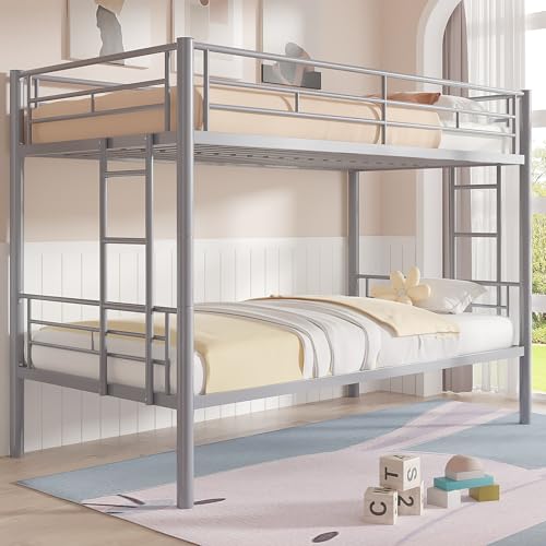 VECELO Metal Loft Bed Twin Size, Heavy Duty Bedframe with Removable Ladder and Safety Guardrail, Space-Saving, Noise Free, No Box Spring Needed, Off White