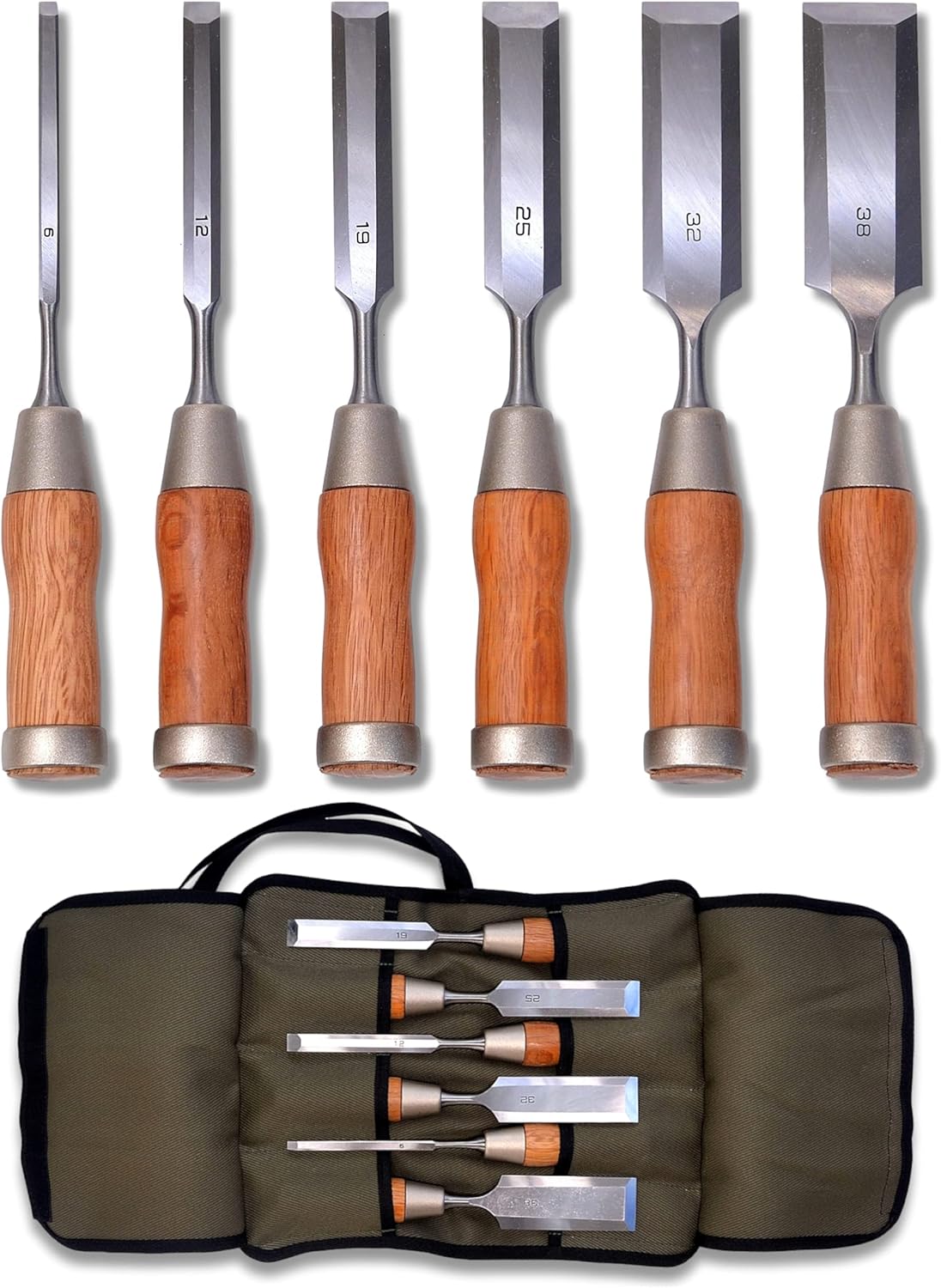 KAKURI Japanese Chisel Set 6 Pcs, Japanese & Western Mixed Style, Professional Heavy Duty Wood Chisel Set NOMI with Carrying Case for Woodworking, Mortising, Dovetailing, Red Oak Handle, Made in JAPAN