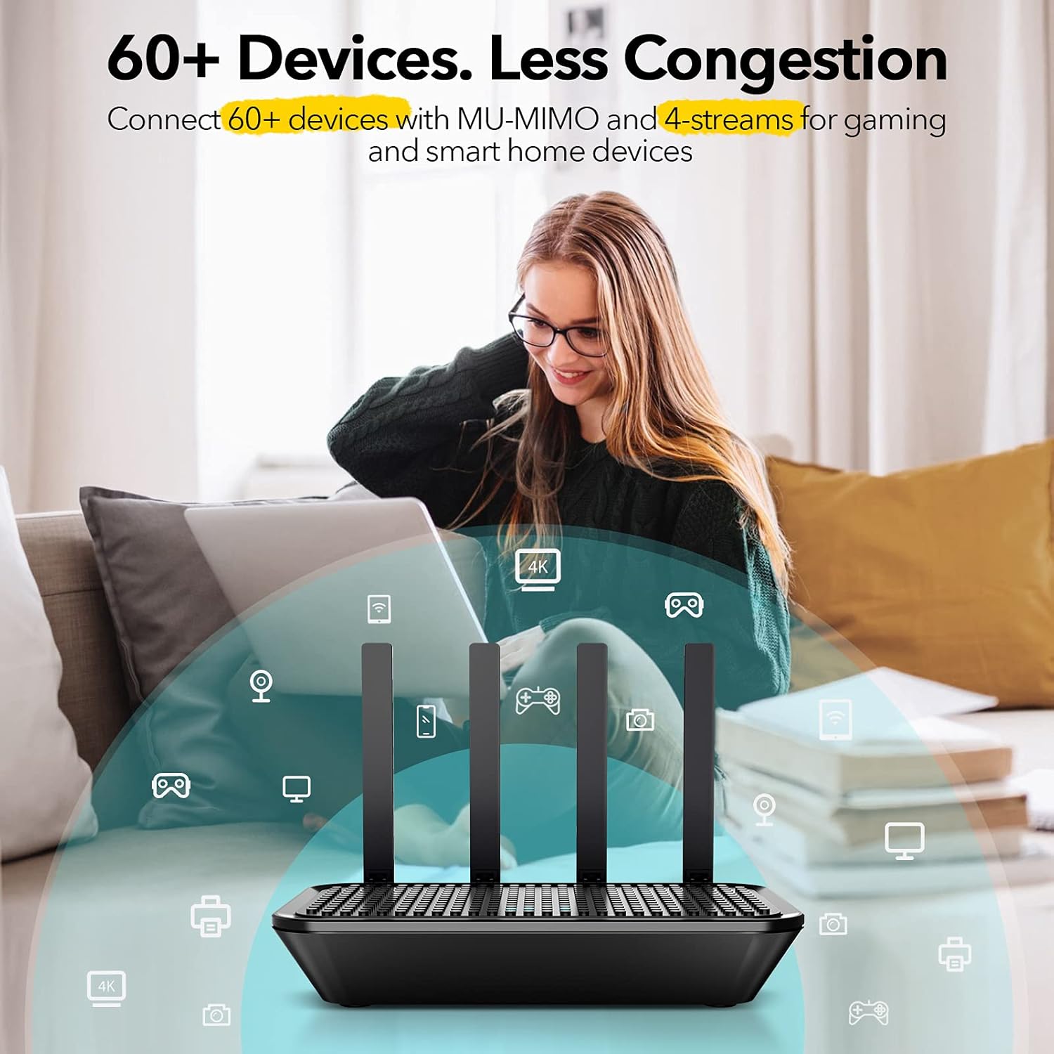 rockspace AC2100 WiFi Router-Dual-Band Smart Wi-Fi Router Upgrades to 2033 Mbps(5G) High-speed, Features MU-MIMO, 4 Gigabit LAN Ports, ONE SSID, Parental Control, Lifetime Internet Security for Gaming Pack of 2