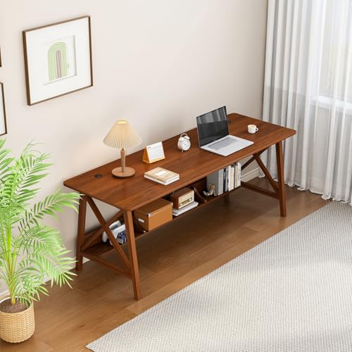 Extra Long Desk with Bookshelf - Solid Wood Home Office Work Study Table, 2-Person Writing Computer Workstation with Storage Shelf in Walnut, 55" Wx20 Dx30 H