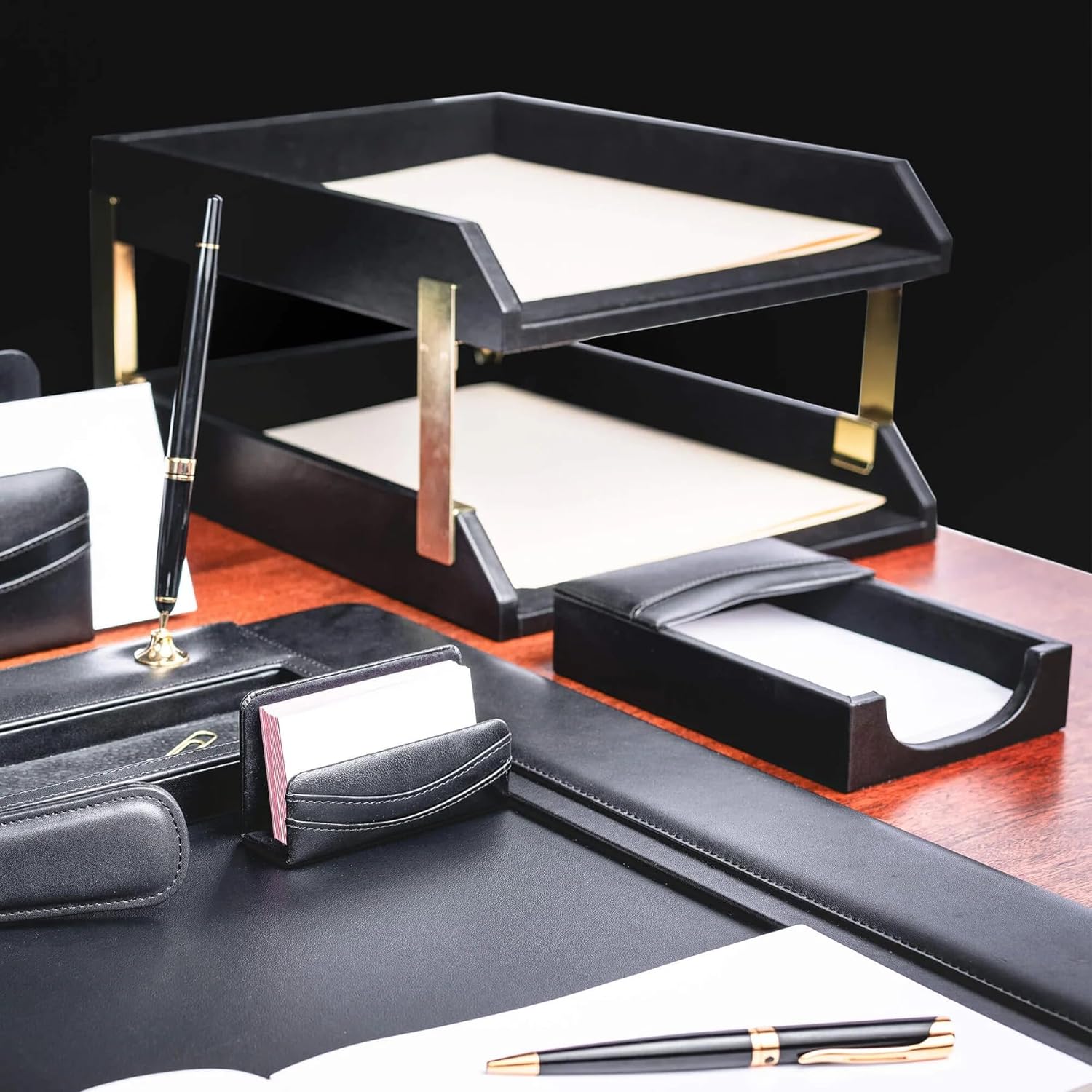 DACASSO Black Leather 11-Piece Desk Set - Luxury Leather Desk Pad & Desk Organization Essentials - Office Organization & Executive Desk Decor - (Gold Accent)