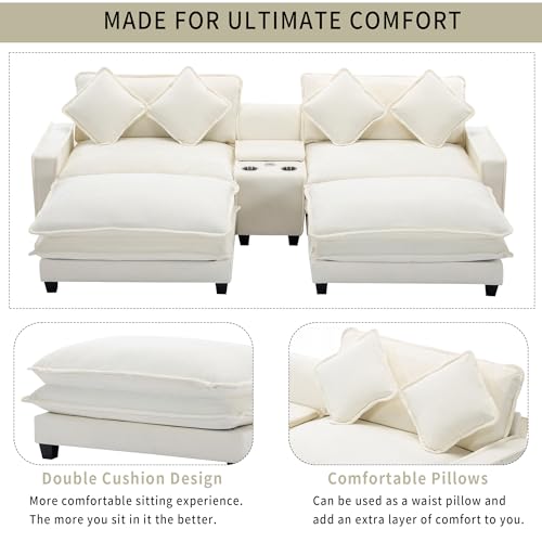Sectional Couches for Living Room, Sectional Sofa Comfy Sofa Couch with 2 Removable Ottoman & 2 USB Ports, Built-in 2 Cup Holders and Storage Box, 2-Seat Small Couches for Bedroom, Apartments, Beige
