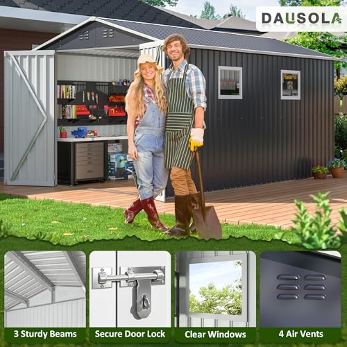10x10 FT Outdoor Storage Shed, Metal Garden Tool Shed with Updated Frame Structure, Lockable Doors and Windows, Ideal for Backyard Garden Patio Lawn, Grey