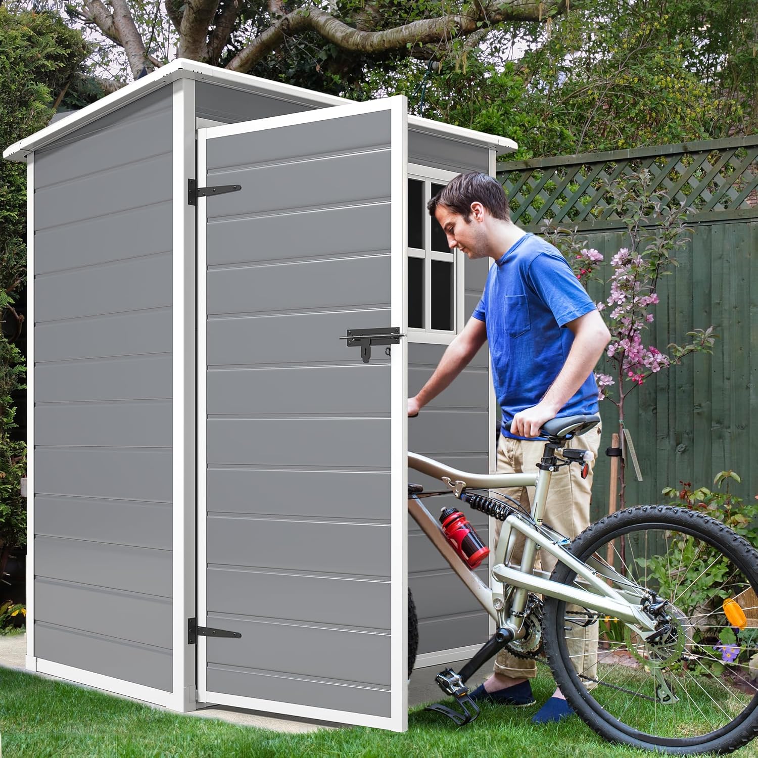DWVO 5x3ft Resin Outdoor Storage Shed with Floor, Waterproof Lockable Storage Shed with Window, Plastic Outside Tool Storage for Garden, Backyard, Patio, Lawn,Gray