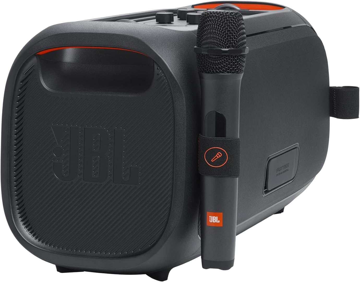 JBL PartyBox On-The-Go Essential - Portable party speaker with built-in lights and wireless mic, Amazing Pro Sound, IPX4 splashproof protection, 6 hours of playtime, Convenient shoulder strap