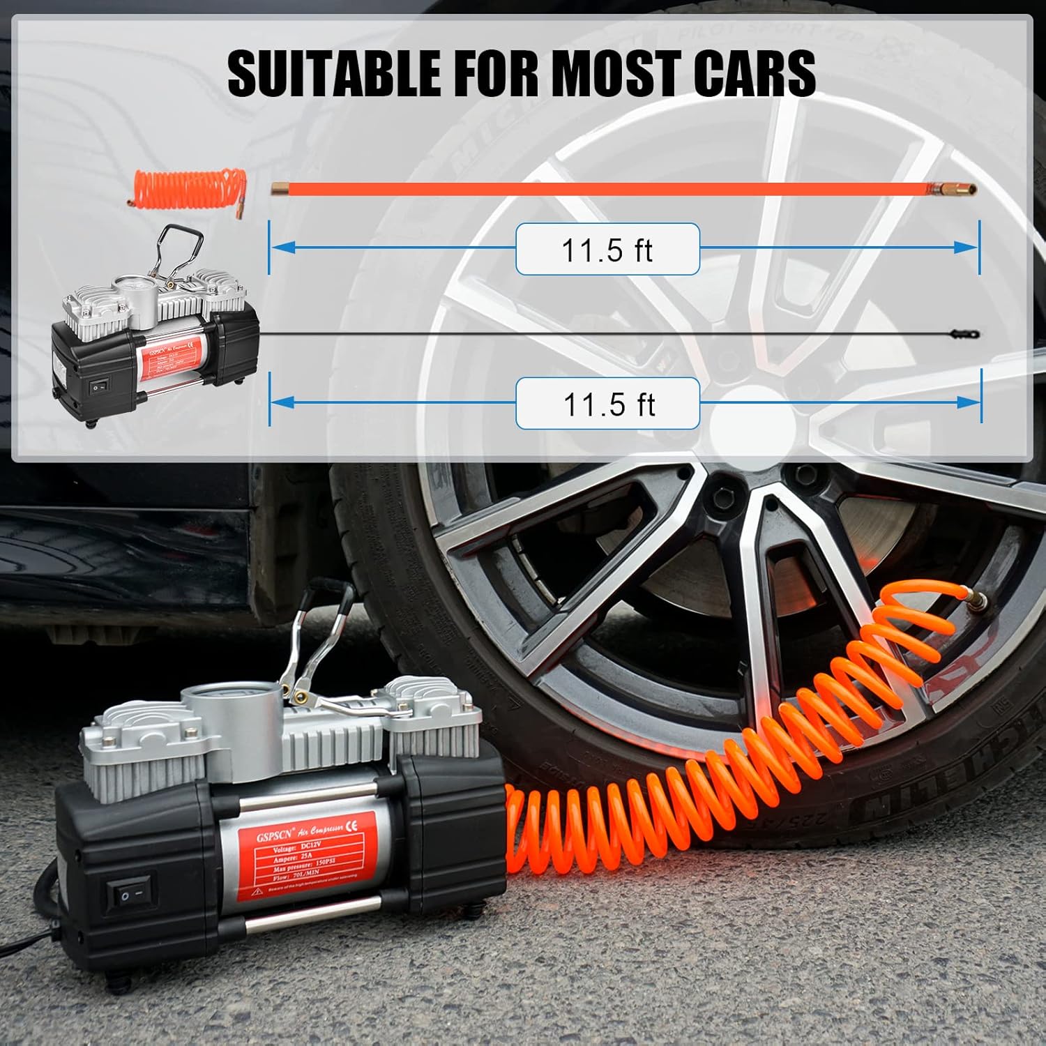 GSPSCN Portable Tire Inflator Double Cylinder Air Compressor Pump with LED Light, 12V Air Pump for Car Tires, 150 PSI Heavy-Duty Metal Tire Pump with Locking Air Chuck for Auto,SUV,RV,Truck,Balls Pack of 2