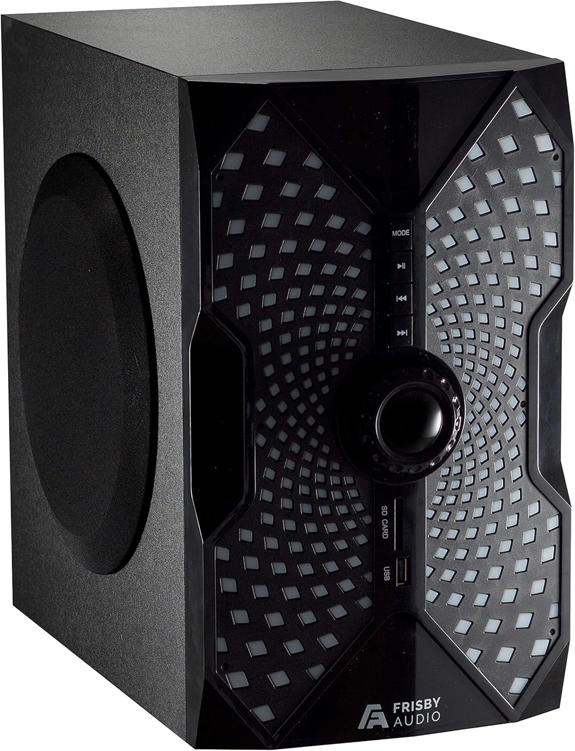 Frisby Audio 125 Watt Home Theater 5.1 Surround Sound Speaker System with Subwoofer, Bluetooth Wireless Streaming from Devices & Media Reader, RGB LED Pulse Lighting, Digital Optical Input – Black