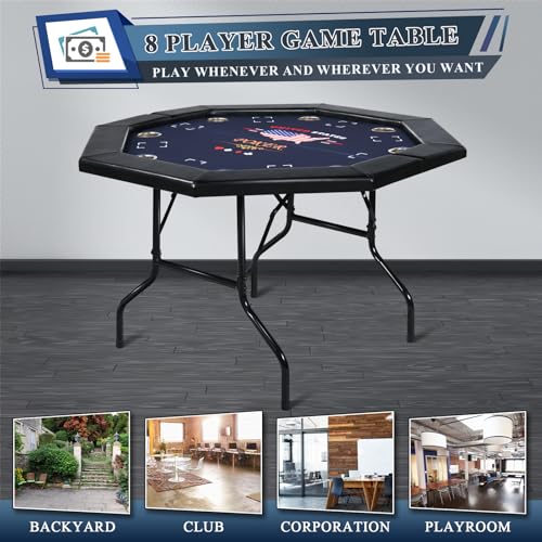 8 Players Poker Table Foldable,50inch Upgraded Folding Octagon Casion Table, Portable Texas Holedem Table w/Stainless Steel Cup Holders, Water-Resistant Cushioned Rail (Brown)