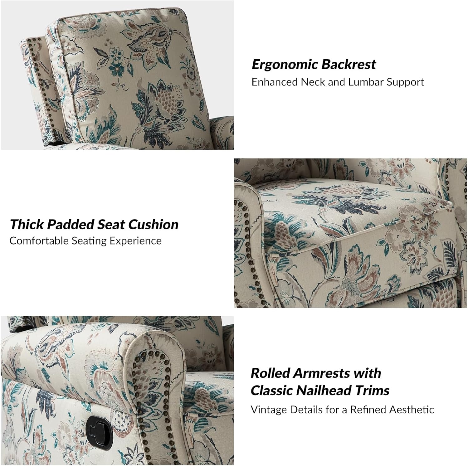 HULALA HOME Roderich Farmhouse Upholstery Recliner with Rolled Arms by TEAL