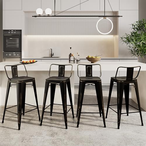 Alunaune 30" Metal Bar Stools Set of 4 Counter Height Barstools Industrial Counter Stool Kitchen Bar Chairs Indoor Outdoor-Low Back, Distressed White